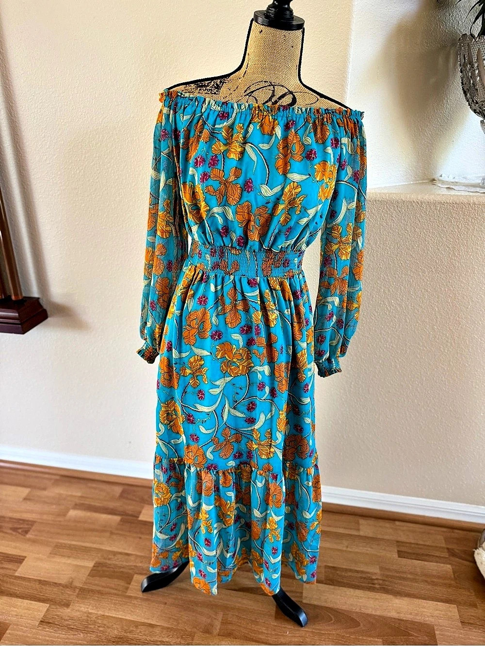 Sofia by Sofia Vergara Floral Midi Dress Blue & Orange XS Like New